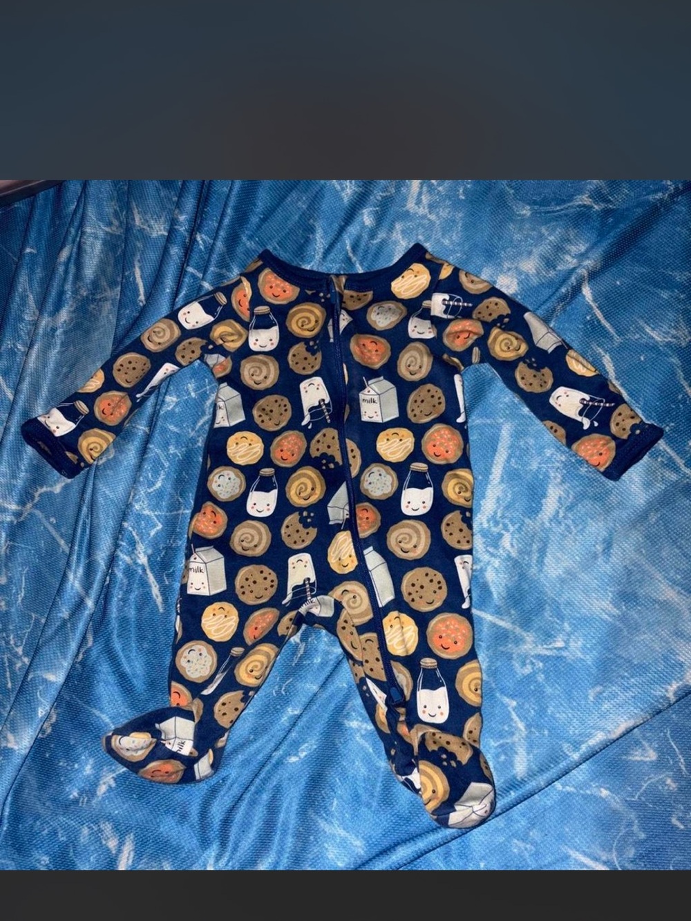 Navy Blue Baby One-Piece Footed Pajamas with Cookie & Milk Print